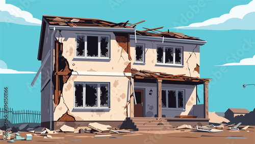 Damaged two story residential house showing broken windows and cracked walls after a natural disaster or serious earthquake.