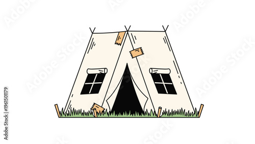 Simple hand drawn tent or teepee with patched windows and grass at the base isolated on a clean white background.