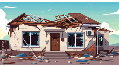 Destroyed single story suburban house with a collapsed roof and debris scattered around after a severe storm or earthquake.