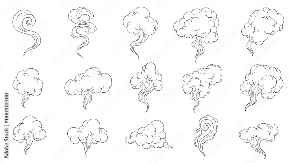 Obraz premium Set of various hand drawn smoke steam or cloud puff icons shown in a simple black and white line sketch illustration style.