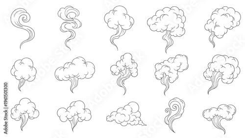 Set of various hand drawn smoke steam or cloud puff icons shown in a simple black and white line sketch illustration style.