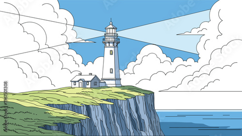 Tall white lighthouse standing on a rocky cliff overlooking the ocean with large white clouds in the bright blue sky.