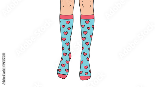 Pair of legs wearing light blue knee high socks decorated with many small red hearts isolated on a white background.