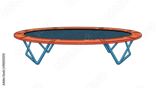 Simple illustration of a round trampoline with a red safety pad and blue legs isolated on a clean white background.