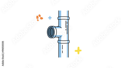 Simple graphic illustration of a blue T shaped pipe joint with colorful abstract sparkles around it on a white background.