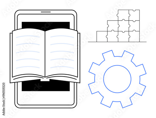 Digital learning concept. Digital learning ed by book on tablet, gear symbol for innovation, and puzzle diagram for problem-solving. Ideal for education, innovation, apps, and e-learning