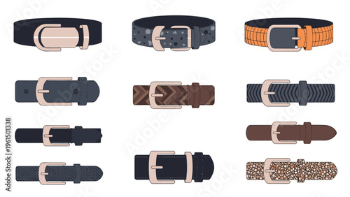 Collection of various mens leather belts with different buckle styles textures and colors in a flat illustration style.