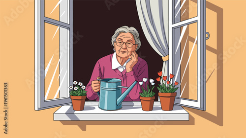 Elderly woman with grey hair holding a blue watering can looks out of an open window with potted flowers on the sill.