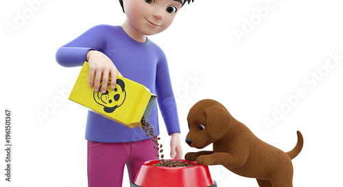 Boy feeding dog puppy food from yellow box into red bowl