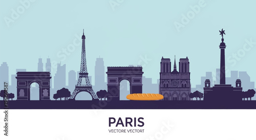 Vector illustration of the Paris city skyline silhouette featuring the Eiffel Tower, Arc de Triomphe, Notre Dame Cathedral, and July Column with a French baguette element.