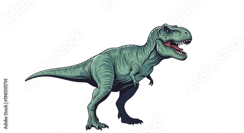 Full body side profile illustration of a green Tyrannosaurus Rex dinosaur with an open mouth and sharp teeth, isolated on a white background, featuring stylized vector art design.