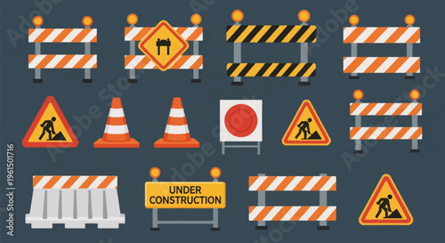 Vector illustration collection of road construction safety equipment featuring orange traffic cones, striped barricades with warning lights, triangular signs, and concrete safety barriers.