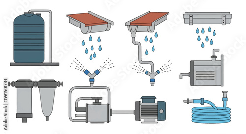 Vector icon set of rainwater harvesting and irrigation system components including water storage tanks, roof gutters, filtration units, electric pumps, sprinklers, and garden hoses.