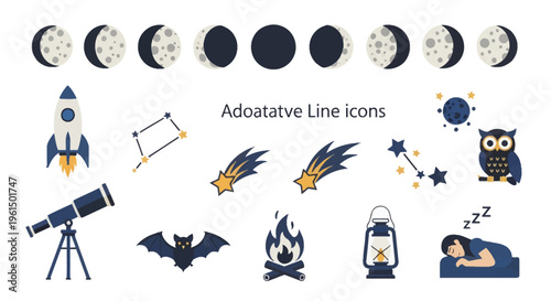 Vector illustration set featuring moon phases sequence, space rocket, astronomical telescope, star constellations, shooting stars, bat, owl, campfire, vintage lantern, and sleeping figure.