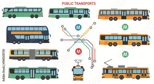 Vector illustration set of public transportation vehicles including city buses, double-decker bus, articulated bus, trolleybus, and subway metro map with transit station icons.
