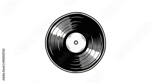 Stylized black and white cartoon doodle illustration of a vintage vinyl record showing spiral grooves and highlights with a white center label, isolated on a plain white background.