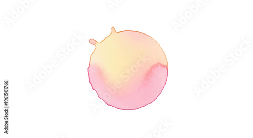 Abstract pastel watercolor blot with soft gradient transitions of pink, yellow, and orange. Circular paint splash isolated on white background with visible textured paper grain.