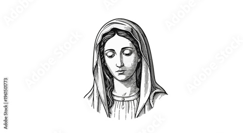 Detailed vintage engraving illustration of the Virgin Mary wearing a mantle, serene facial expression, religious Christian iconography, woodcut style portrait on white background.