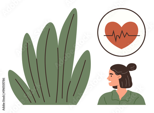 Healthcare, mindfulness, wellness, nature, personal care, healthy lifestyle. Woman with hair bun beside plants and heart with heartbeat. Wellness and healthcare concept