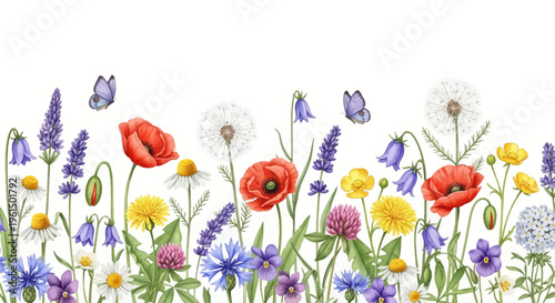 Watercolor illustration of a horizontal wildflower meadow border featuring red poppies, lavender, daisies, dandelions, blue cornflowers, bluebells, clover, and purple butterflies.