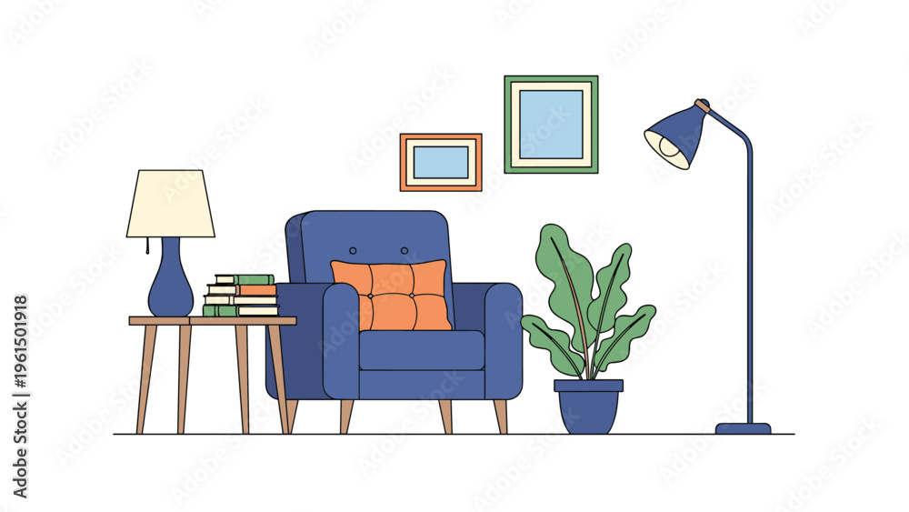 Fototapeta premium Cozy and modern living room interior design featuring a blue armchair, side table, stylish lamp, books, and a potted plant in a flat style.