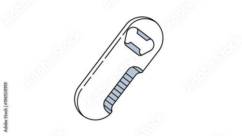 Simple metal bottle opener with an ergonomic design shown in a diagonal perspective, isolated on a white background for product display.