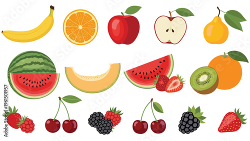Colorful collection of fresh fruits featuring bananas, apples, oranges, watermelon, berries, kiwi, and grapes.