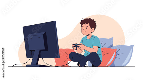 Young boy sitting comfortably on soft floor cushions playing video games on a large television monitor screen.