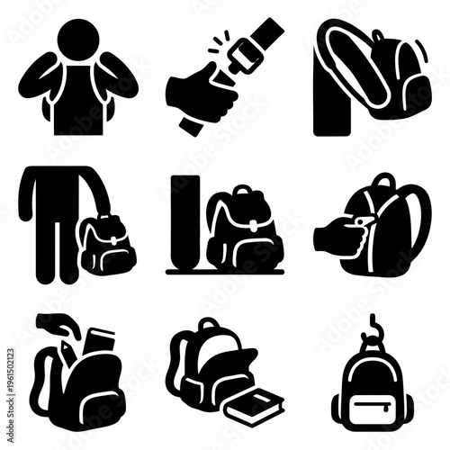 Collection of Backpack Icons for Travel and School Use.