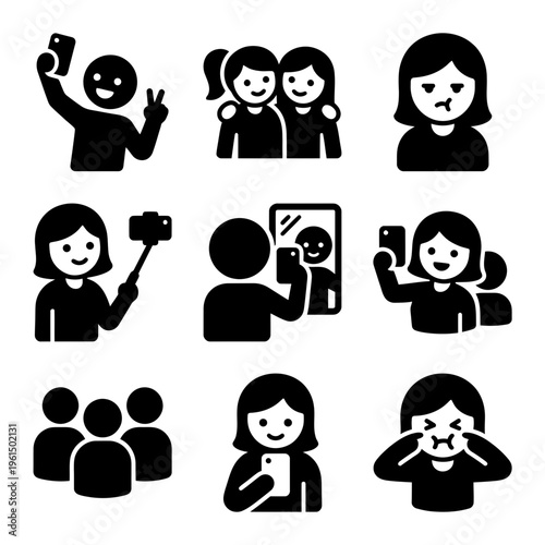 Collection of Black and White Silhouette People Icons for Communication and Social Interaction.