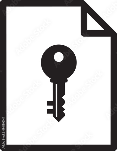 A black and white icon of a key on a document