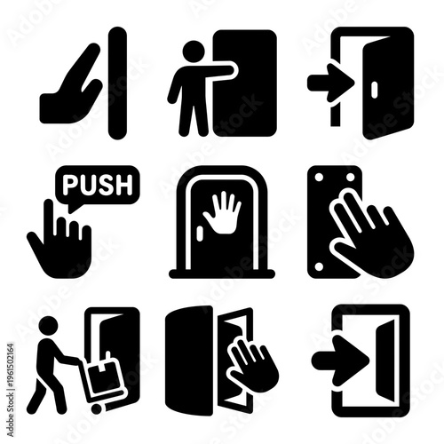 Collection of Icon Symbols Demonstrating Push and Pull Door Actions.