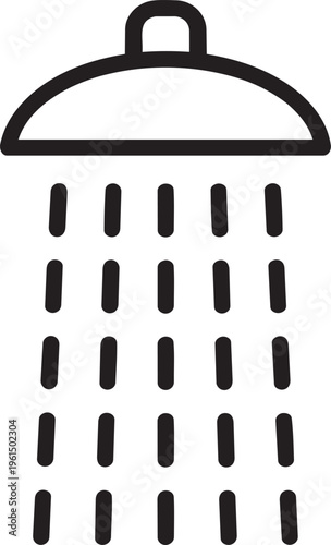 A black and white icon of a shower head with water droplets