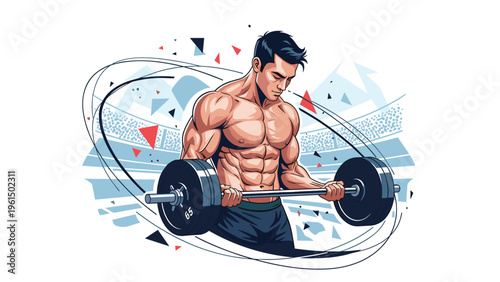 Powerful illustration of a muscular bodybuilder performing a bicep curl with a heavy barbell in a stadium setting.