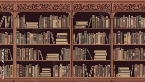 Extensive view of a classic library interior with ornate wooden bookshelves packed with thousands of antique books and manuscripts.
