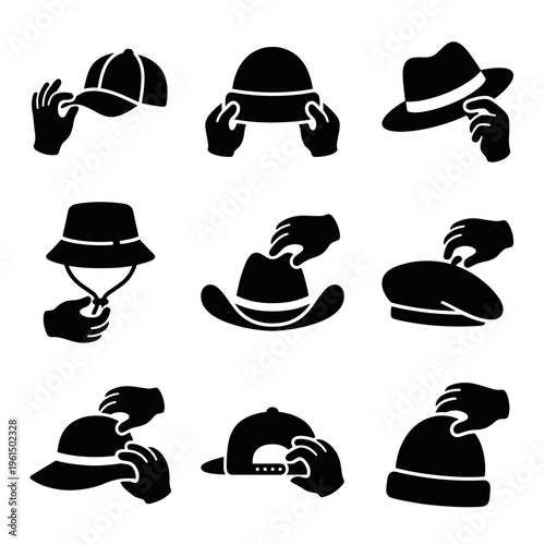 Collection of Hand Gestures with Hats in Various Styles.