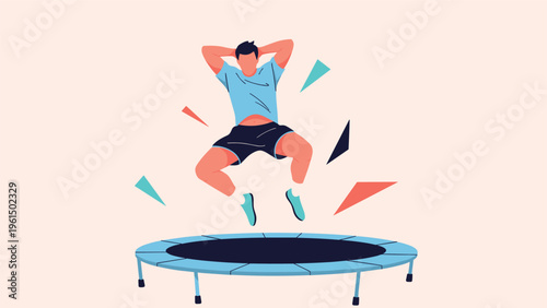 Active man in a blue shirt and black shorts performing a high jump on a blue trampoline, surrounded by colorful geometric debris.