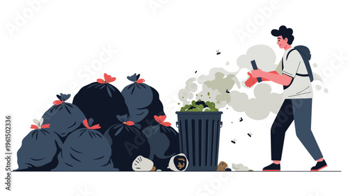 Social commentary illustration of a man using his phone to photograph an overflowing trash can and a large pile of black garbage bags.