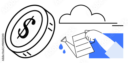 Finance, investment, sustainability, wealth management, growth, earning potential. Black and white dollar coin, cloud and hand watering with a watering can. Finance and investment concepts