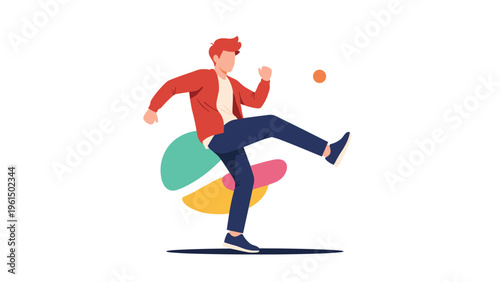Dynamic illustration of a man in a red jacket and blue pants kicking a small orange ball with force and energy.