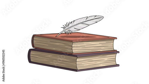 Traditional illustration of two stacked vintage books with a white feather quill pen resting on the top cover, symbolizing writing.