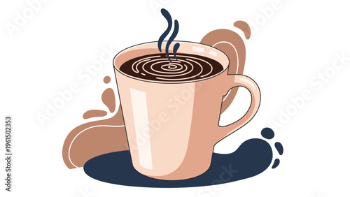 Warm and inviting illustration of a pink ceramic coffee mug filled with dark coffee, featuring steam and swirling ripples.