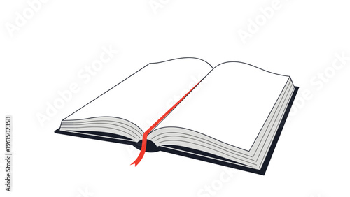 Clean illustration of an open blank book with white pages and a thin red ribbon bookmark in the center against a white background.