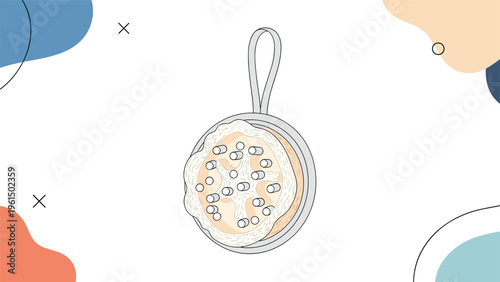 Simple illustration of a natural round loofah sponge with a hanging loop, used for body exfoliating and bathing, on an abstract background.