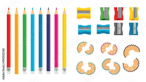 Creative collection of colorful wooden pencils, plastic sharpeners, and curly wood shavings, ideal for school and art supplies graphics.