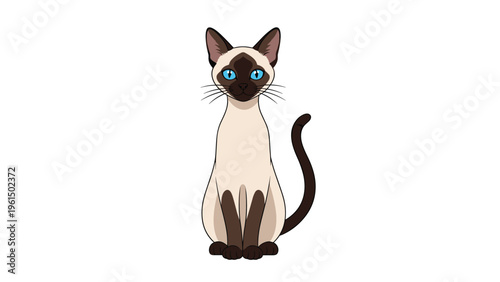 Elegant illustration of a Siamese cat with bright blue eyes and characteristic dark point markings, sitting gracefully on white.