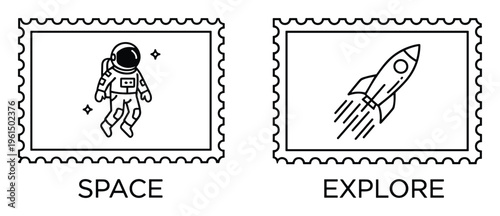 Astronaut and rocket stamps in postage frame. Space exploration adventure and cosmic journey theme.