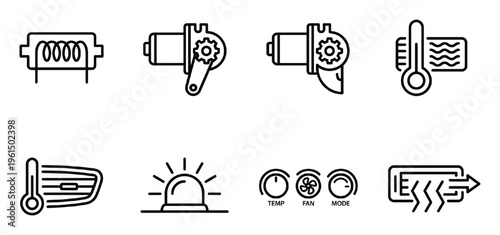 Automotive air conditioning and heating system line icons collection for vehicle climate maintenance