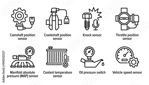 Automotive engine sensors icons set isolated on white background for car diagnostics and repair