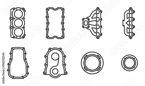 Automotive engine gaskets and manifold seals line icons collection for motor rebuild and maintenance